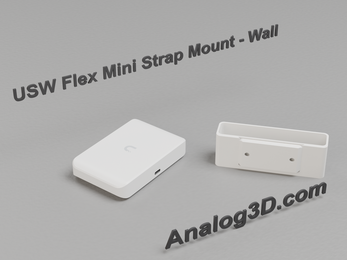 Ubiquiti USW-Flex-Mini next to its 3D printed strap mount with the wall plate seated in the socket - White PETG