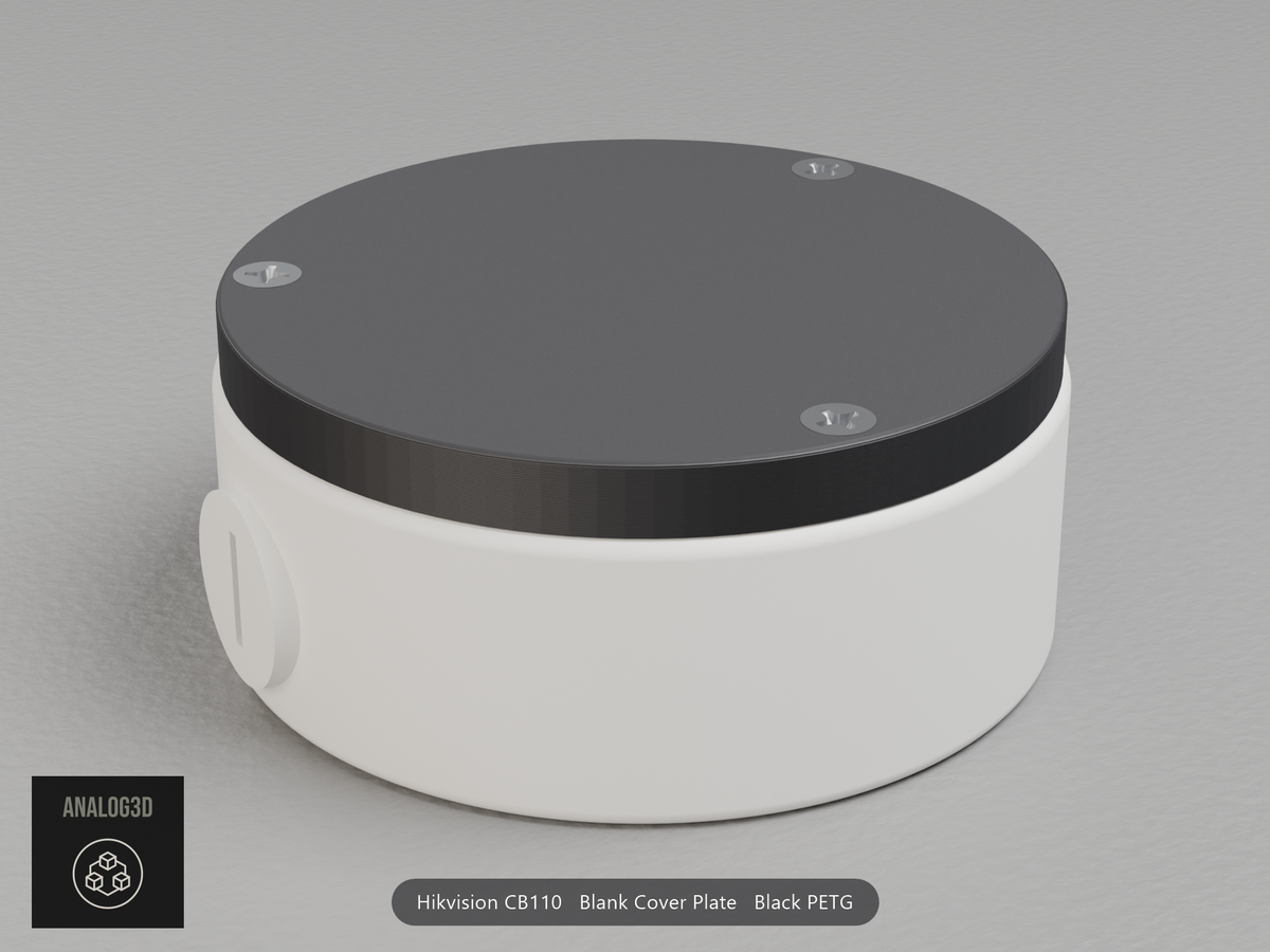 Black PETG blank cover plate on a Hikvision CB110 junction box
