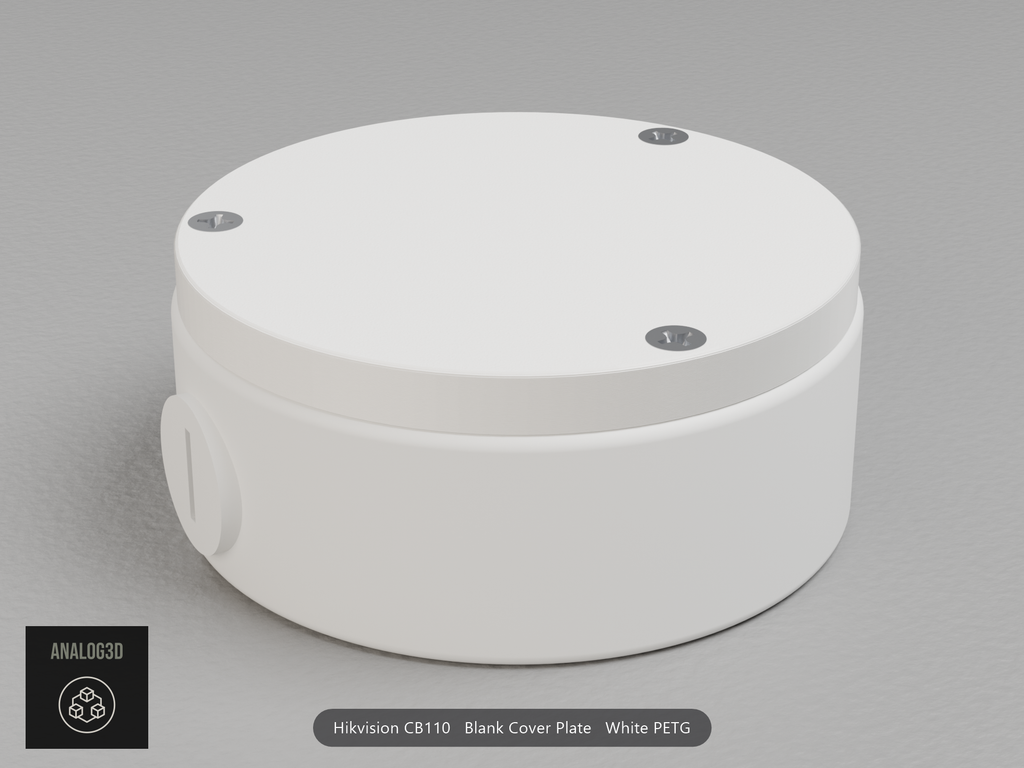 White PETG blank cover plate on a Hikvision CB110 junction box
