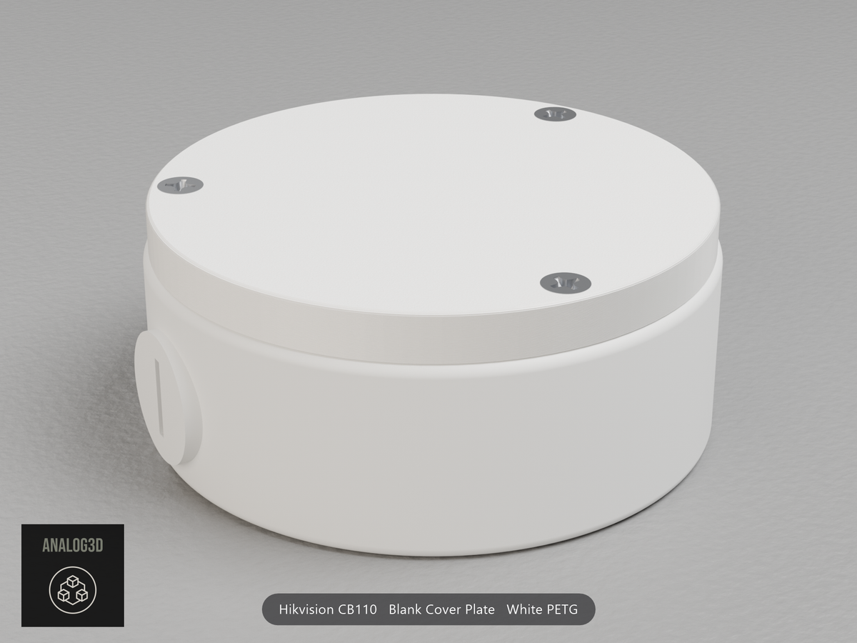 White PETG blank cover plate on a Hikvision CB110 junction box