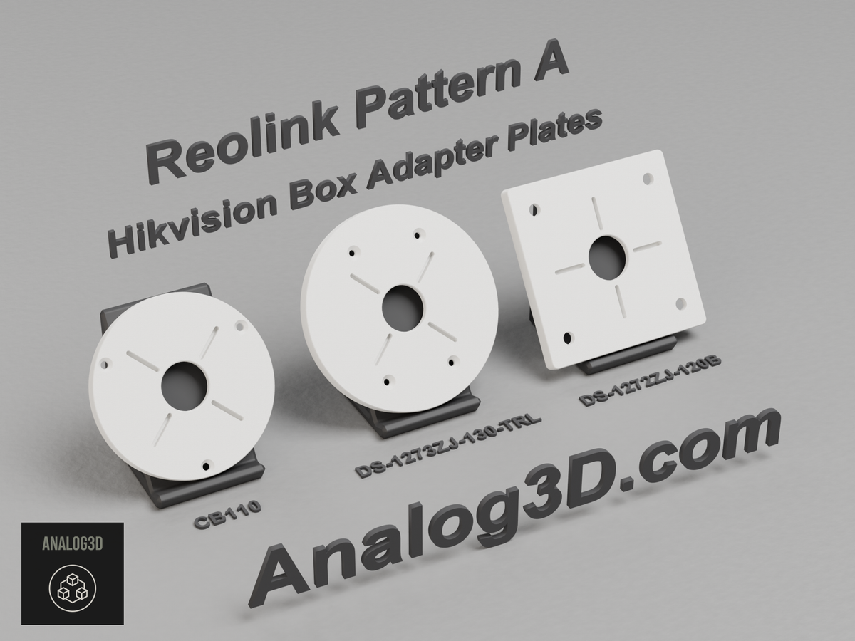 Reolink Pattern A Hikvision box adapter plates - CB110, DS-1273ZJ-130-TRL and DS-1272ZJ-120B on product stands