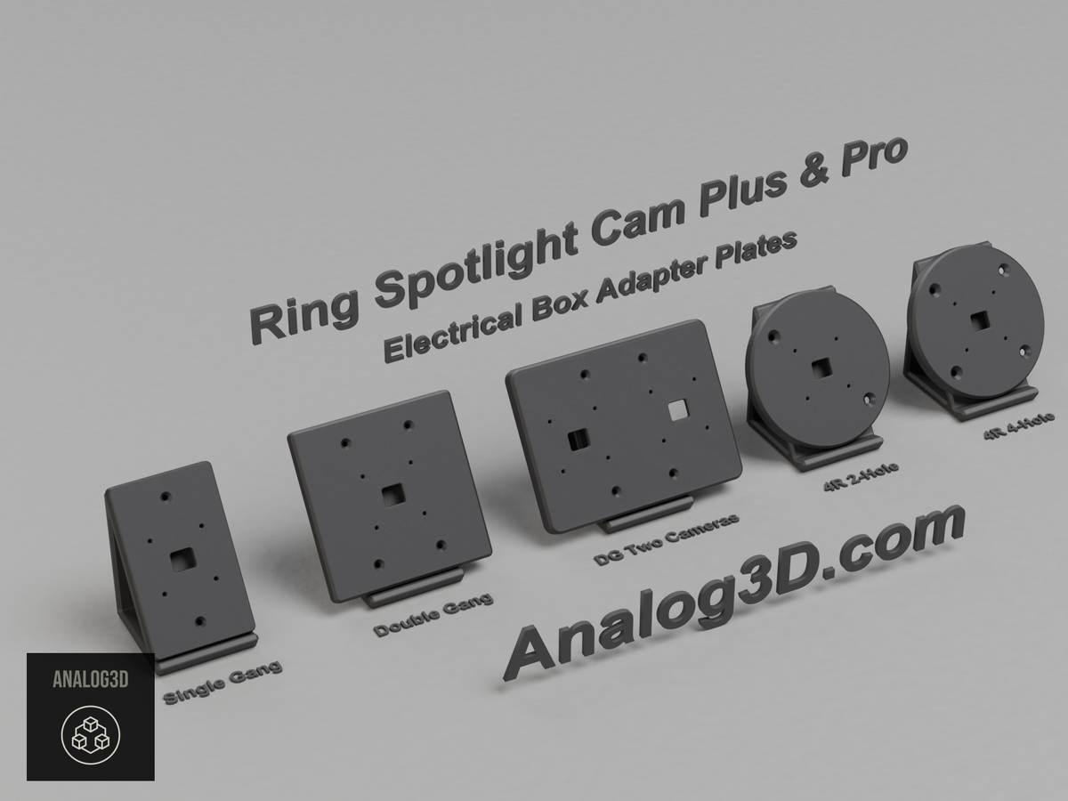 Ring Spotlight Cam Plus and Pro electrical box adapter plates, black PETG lineup: single gang, double gang, double gang two cameras, 4 inch round 2 hole, 4 inch round 4 hole