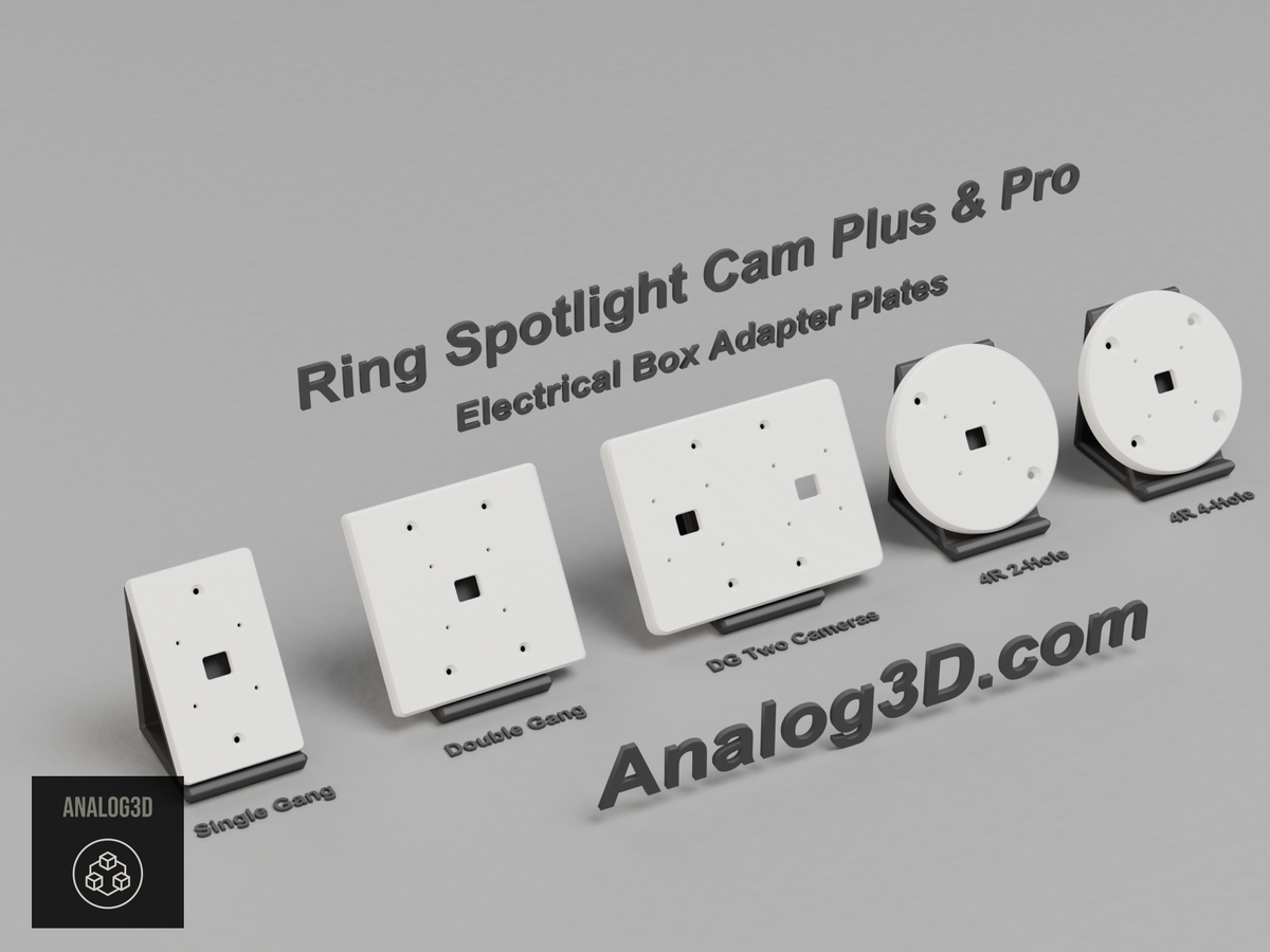 Ring Spotlight Cam Plus and Pro electrical box adapter plates, white PETG lineup: single gang, double gang, double gang two cameras, 4 inch round 2 hole, 4 inch round 4 hole