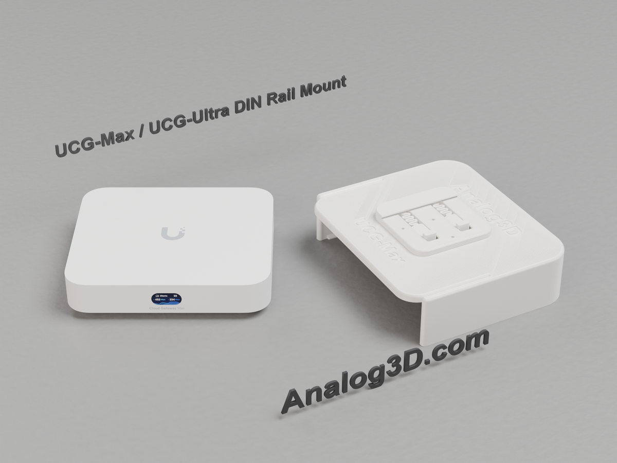 Ubiquiti UCG-Max next to its DIN rail mount cradle, 50 x 50 mm DIN adapter fitted to the back - White Polycarbonate