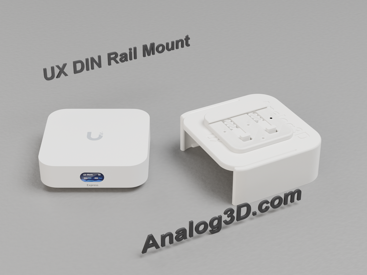 Ubiquiti UniFi Express next to its DIN rail mount cradle, DIN adapter fitted to the back - White Polycarbonate