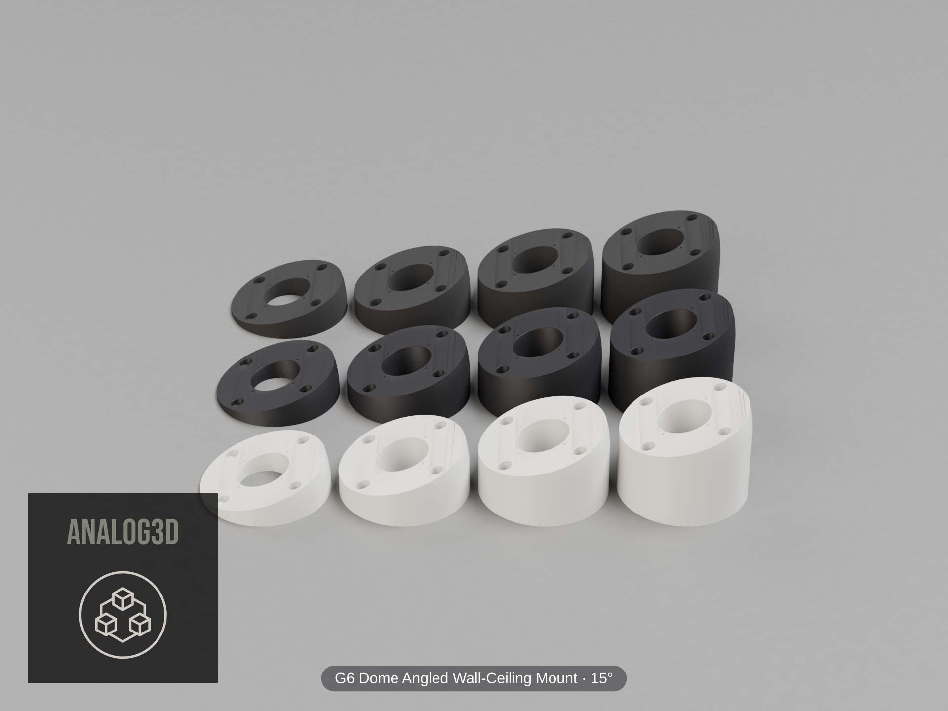 UVC-G6-Dome Angled Wall-Ceiling Mount — 15° — Short/Ex1/Ex2/Ex3 in white, carbon & black PETG