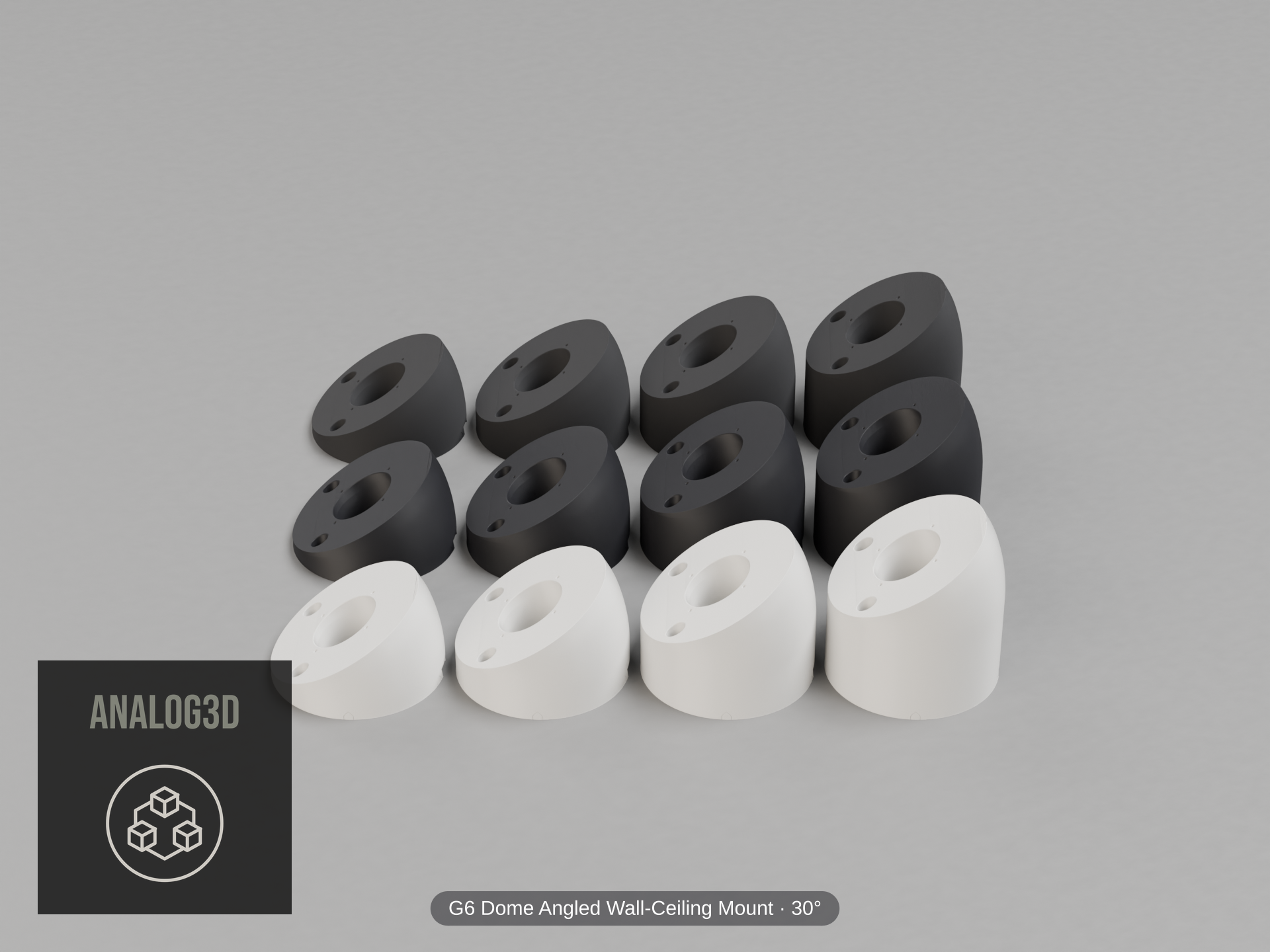 UVC-G6-Dome Angled Wall-Ceiling Mount — 30° — Short/Ex1/Ex2/Ex3 in white, carbon & black PETG