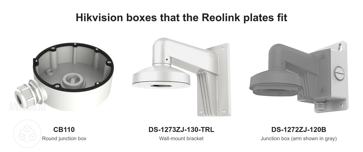 Hikvision boxes that the Reolink plates fit: CB110 junction box, DS-1273ZJ-130-TRL wall-mount bracket, DS-1272ZJ-120B junction box (arm shown in gray)