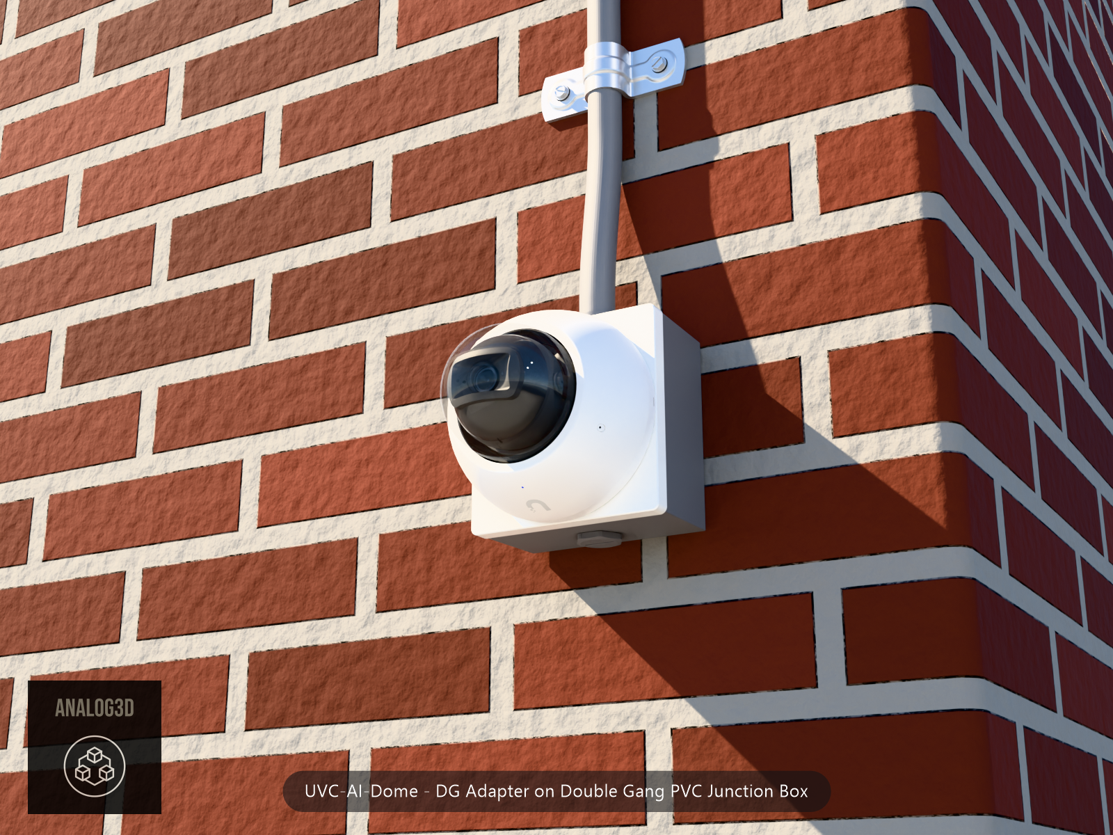 UVC-AI-Dome DG adapter plate bolted to a double gang PVC junction box, 1/2 inch PVC conduit from the top hub, threaded plug in the bottom hub, brick wall