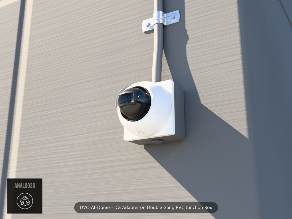 UVC-AI-Dome DG adapter plate bolted to a double gang PVC junction box, 1/2 inch PVC conduit from the top hub, threaded plug in the bottom hub, concrete wall