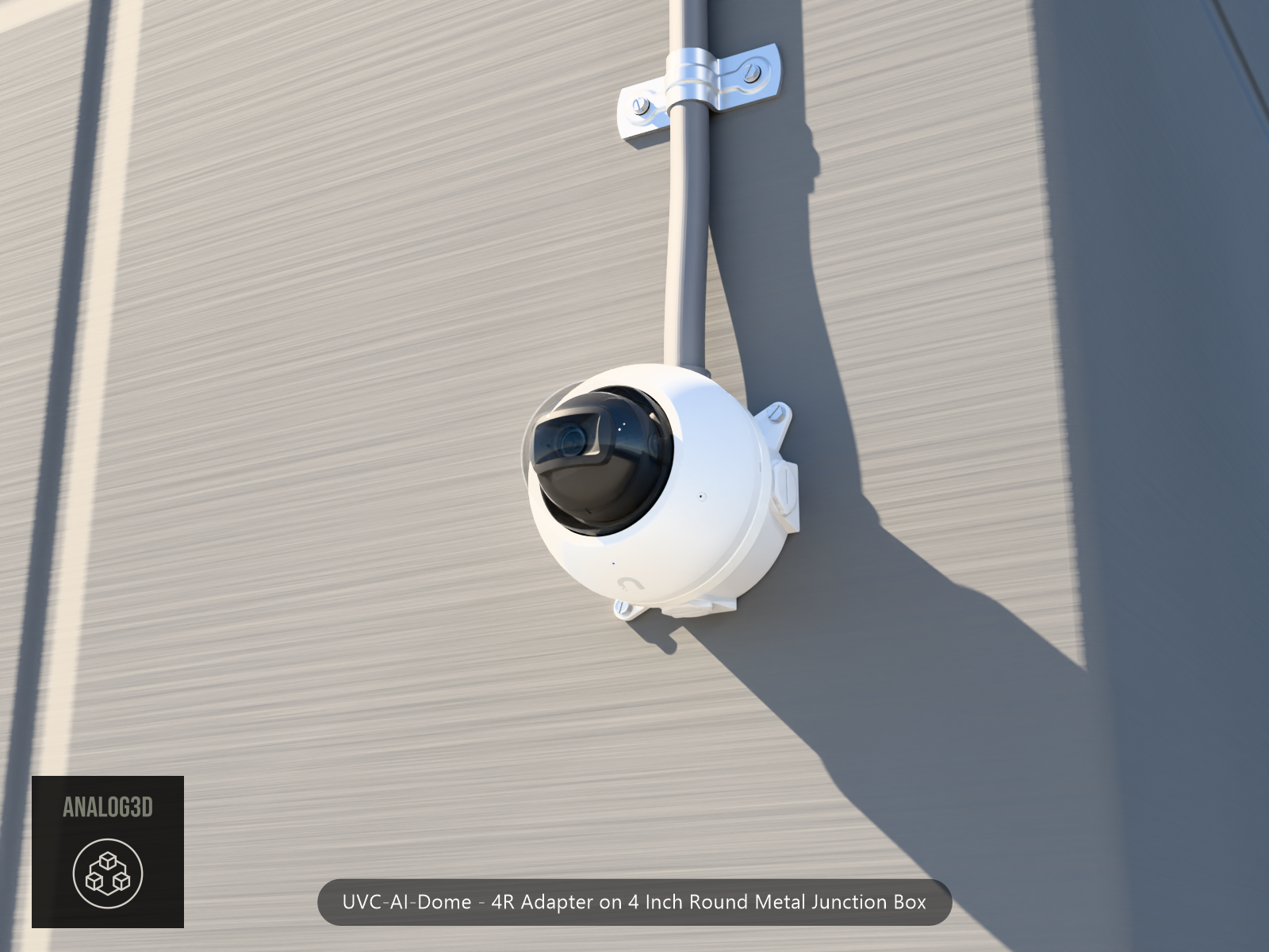 UVC-AI-Dome 4R adapter plate bolted to a 4 inch round metal junction box, 1/2 inch PVC conduit from the top hub, threaded plugs in the remaining hubs, concrete wall