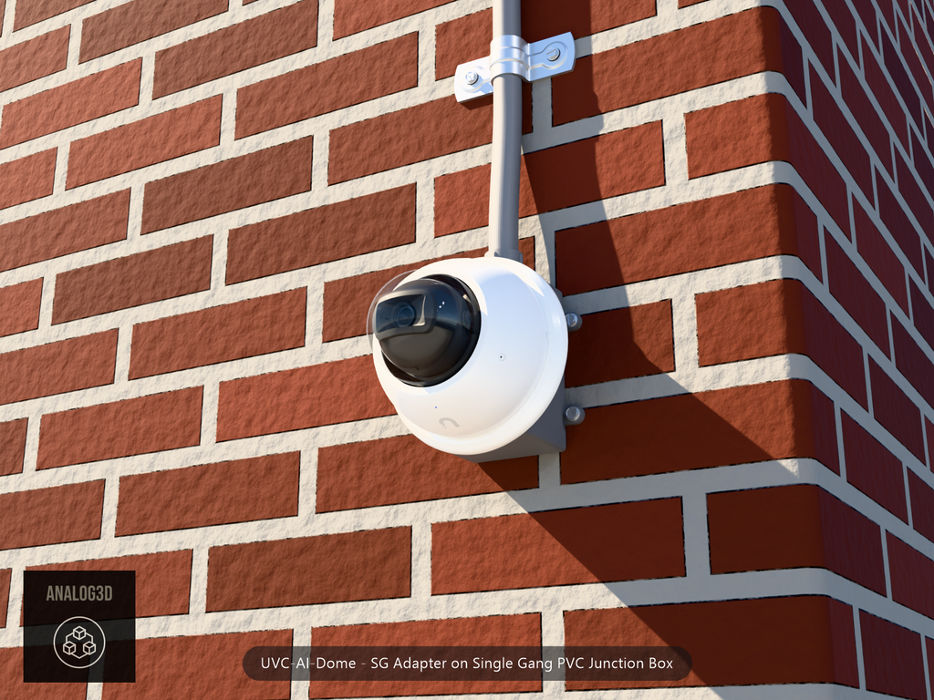UVC-AI-Dome SG adapter plate bolted to a single gang PVC junction box with 1/2 inch PVC conduit, brick wall