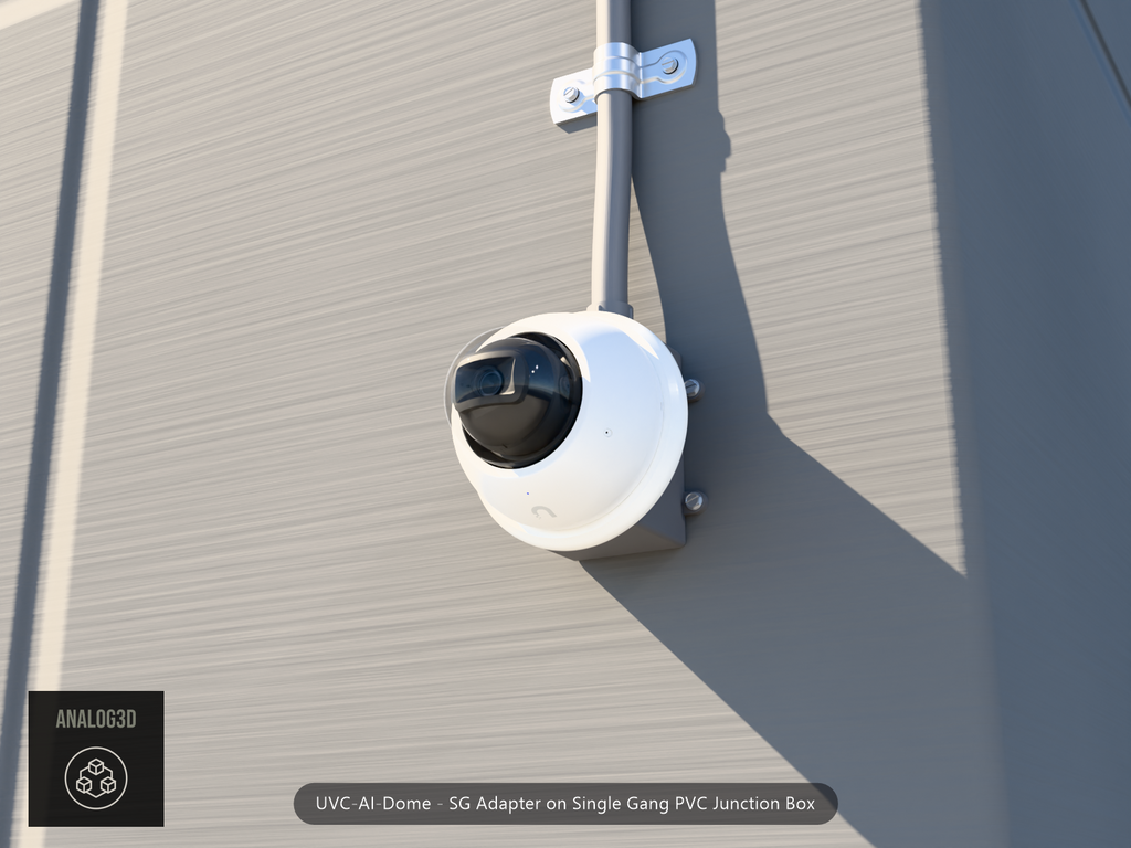 UVC-AI-Dome SG adapter plate bolted to a single gang PVC junction box, concrete wall