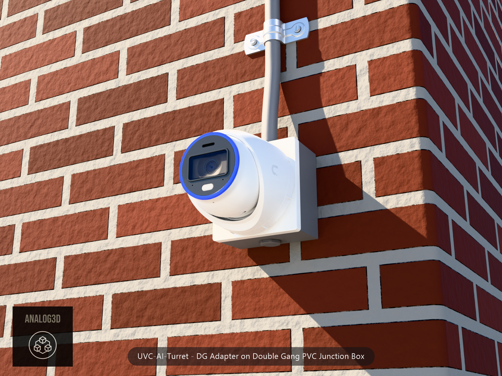 UVC-AI-Turret DG adapter plate bolted to a double gang PVC junction box, 1/2 inch PVC conduit from the top hub, threaded plug in the bottom hub, brick wall