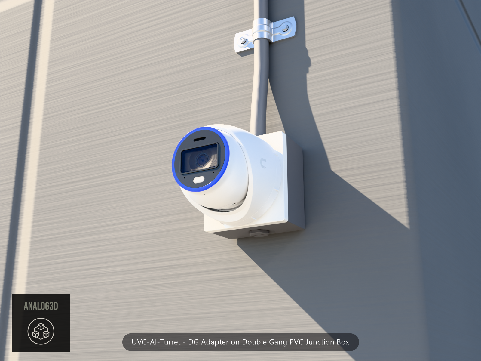 UVC-AI-Turret DG adapter plate bolted to a double gang PVC junction box, 1/2 inch PVC conduit from the top hub, threaded plug in the bottom hub, concrete wall