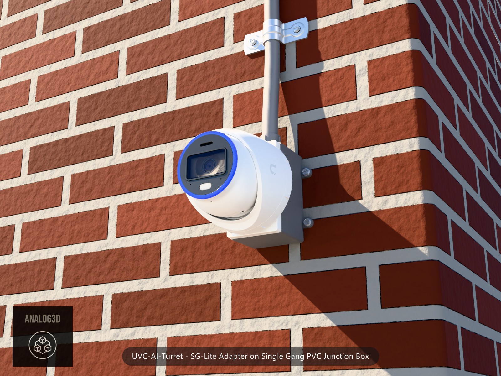 UVC-AI-Turret SG-Lite adapter plate bolted to a single gang PVC junction box with 1/2 inch PVC conduit, brick wall