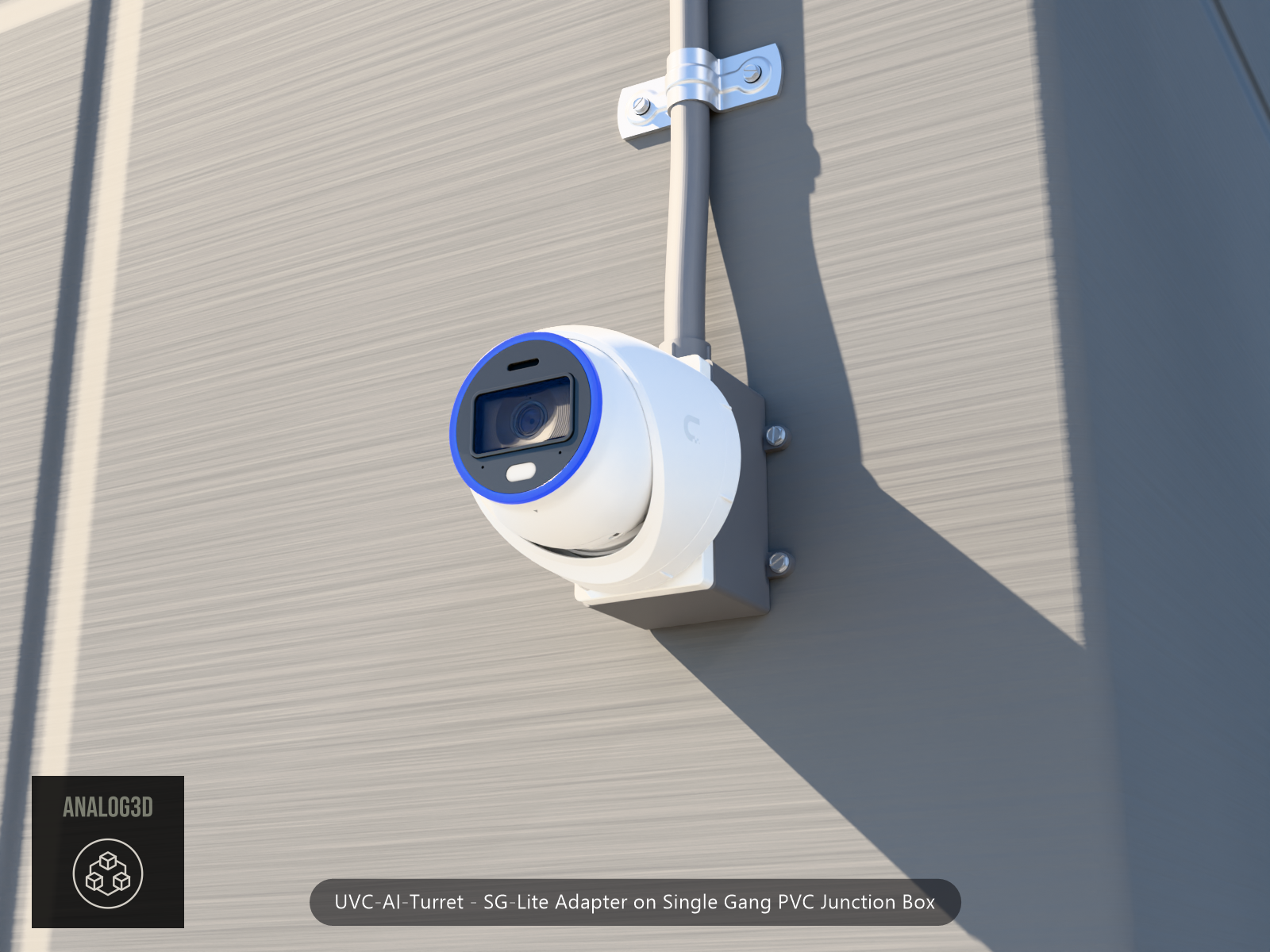 UVC-AI-Turret SG-Lite adapter plate bolted to a single gang PVC junction box, concrete wall