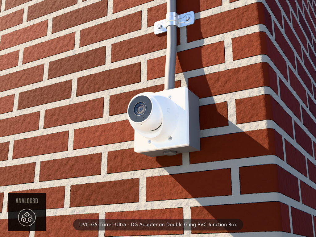 UVC-G5-Turret-Ultra DG adapter plate bolted to a double gang PVC junction box, 1/2 inch PVC conduit from the top hub, threaded plug in the bottom hub, brick wall