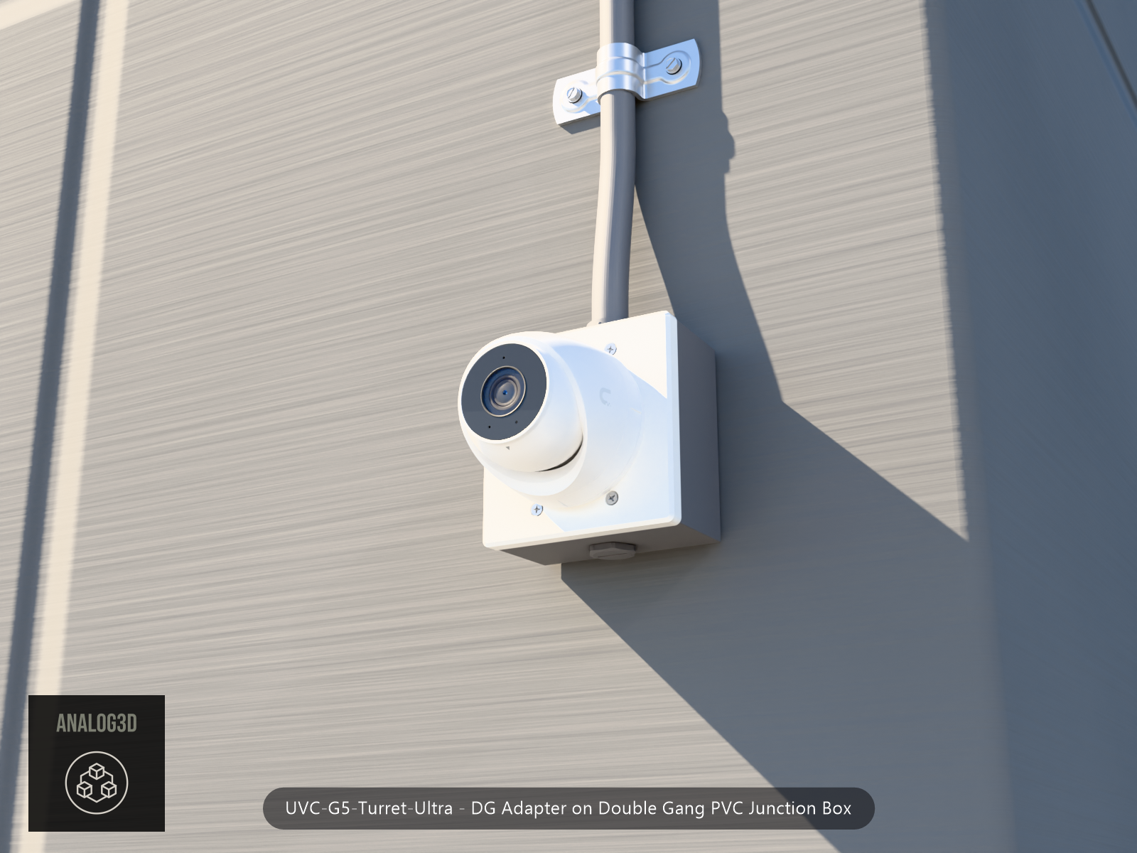 UVC-G5-Turret-Ultra DG adapter plate bolted to a double gang PVC junction box, 1/2 inch PVC conduit from the top hub, threaded plug in the bottom hub, concrete wall