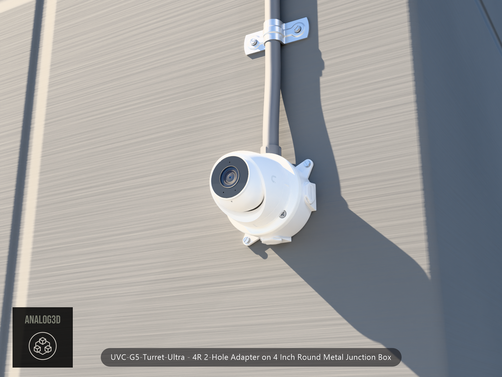 UVC-G5-Turret-Ultra 4R 2-hole adapter plate bolted to a 4 inch round metal junction box, 1/2 inch PVC conduit from the top hub, threaded plugs in the remaining hubs, concrete wall