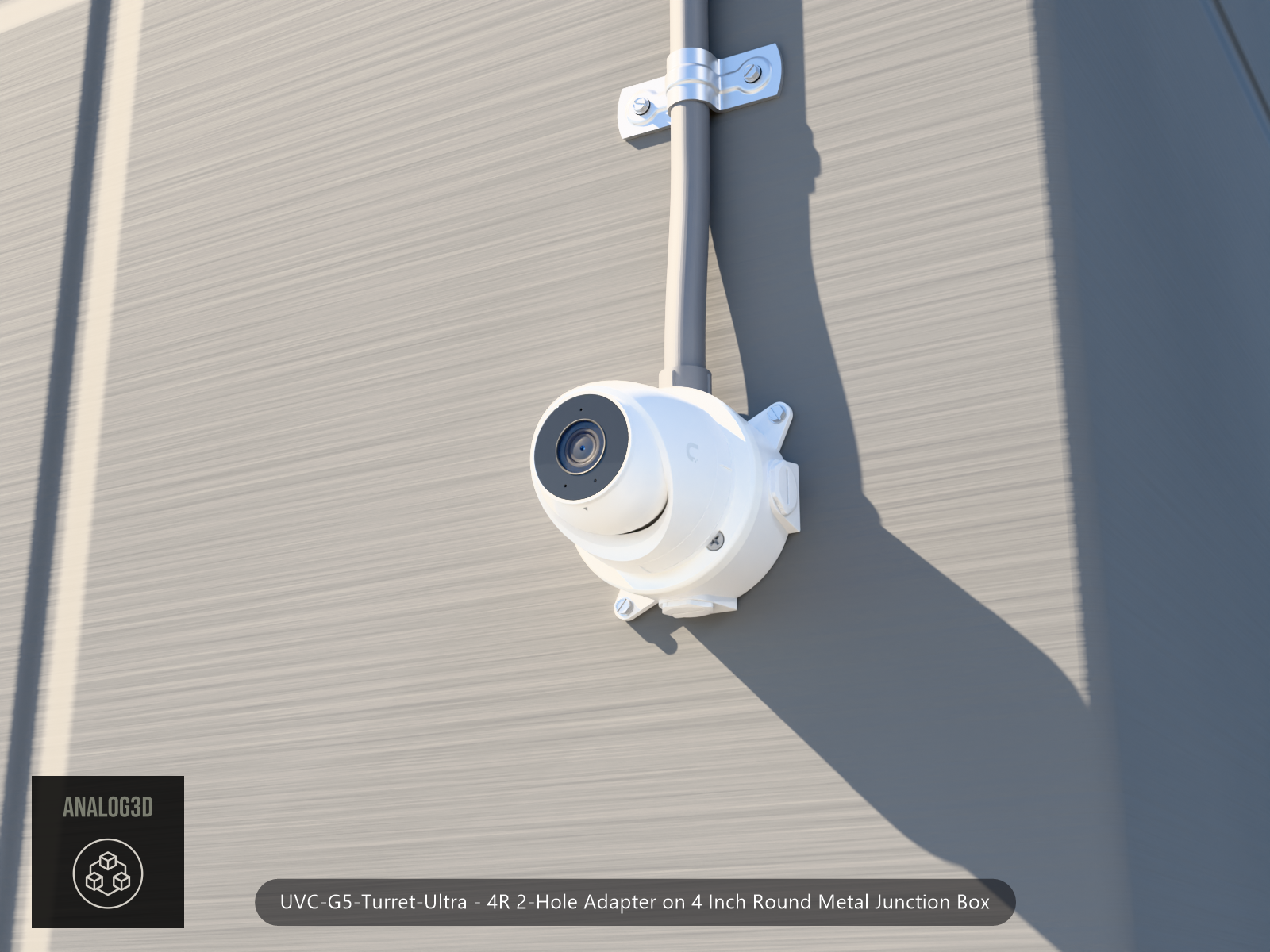 UVC-G5-Turret-Ultra 4R 2-hole adapter plate bolted to a 4 inch round metal junction box, 1/2 inch PVC conduit from the top hub, threaded plugs in the remaining hubs, concrete wall