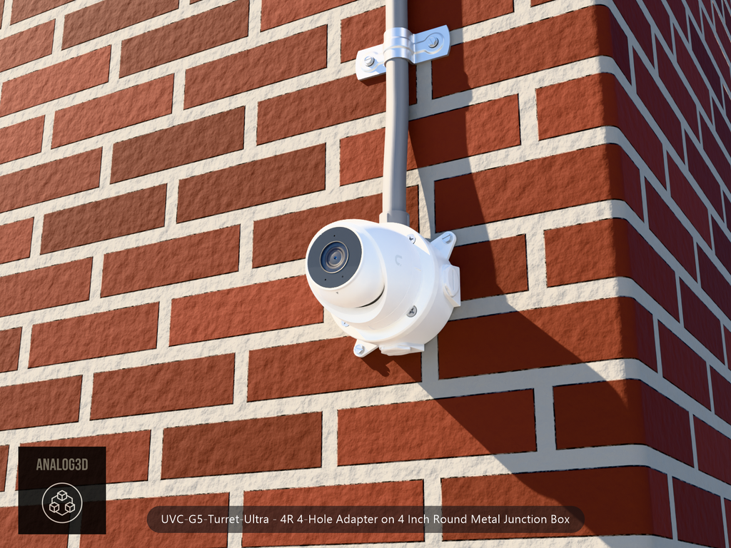 UVC-G5-Turret-Ultra 4R 4-hole adapter plate bolted to a 4 inch round metal junction box, 1/2 inch PVC conduit from the top hub, threaded plugs in the remaining hubs, brick wall