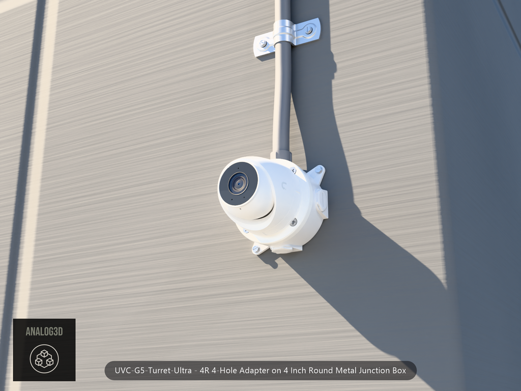 UVC-G5-Turret-Ultra 4R 4-hole adapter plate bolted to a 4 inch round metal junction box, 1/2 inch PVC conduit from the top hub, threaded plugs in the remaining hubs, concrete wall