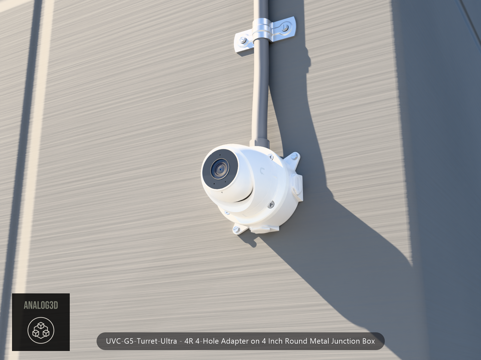 UVC-G5-Turret-Ultra 4R 4-hole adapter plate bolted to a 4 inch round metal junction box, 1/2 inch PVC conduit from the top hub, threaded plugs in the remaining hubs, concrete wall