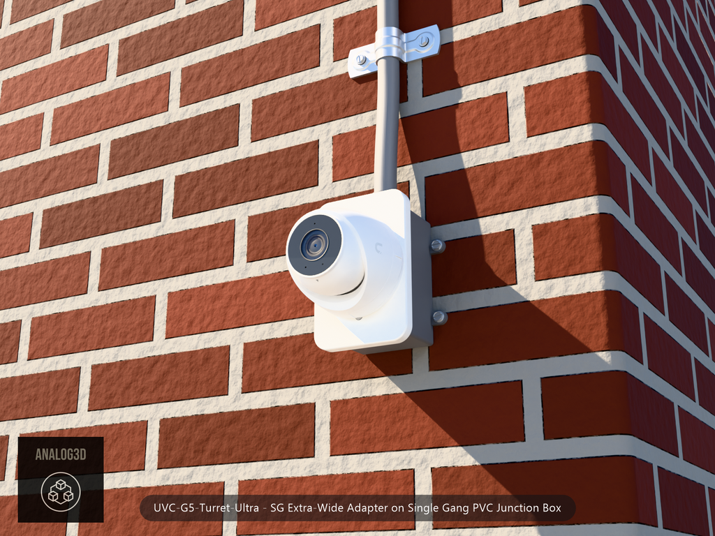 UVC-G5-Turret-Ultra SG Extra-Wide adapter plate bolted to a single gang PVC junction box with 1/2 inch PVC conduit, brick wall