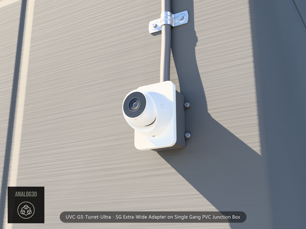 UVC-G5-Turret-Ultra SG Extra-Wide adapter plate bolted to a single gang PVC junction box, concrete wall