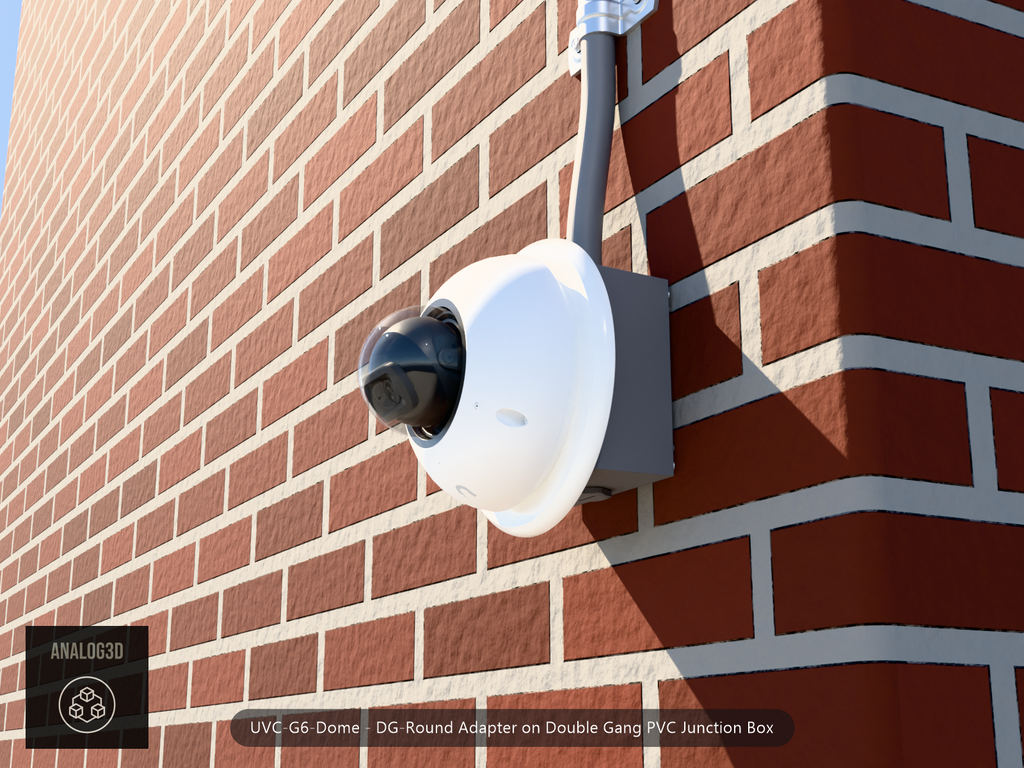 UVC-G6-Dome DG-Round adapter plate bolted to a double gang PVC junction box, 1/2 inch PVC conduit from the top hub, threaded plug in the bottom hub, brick wall