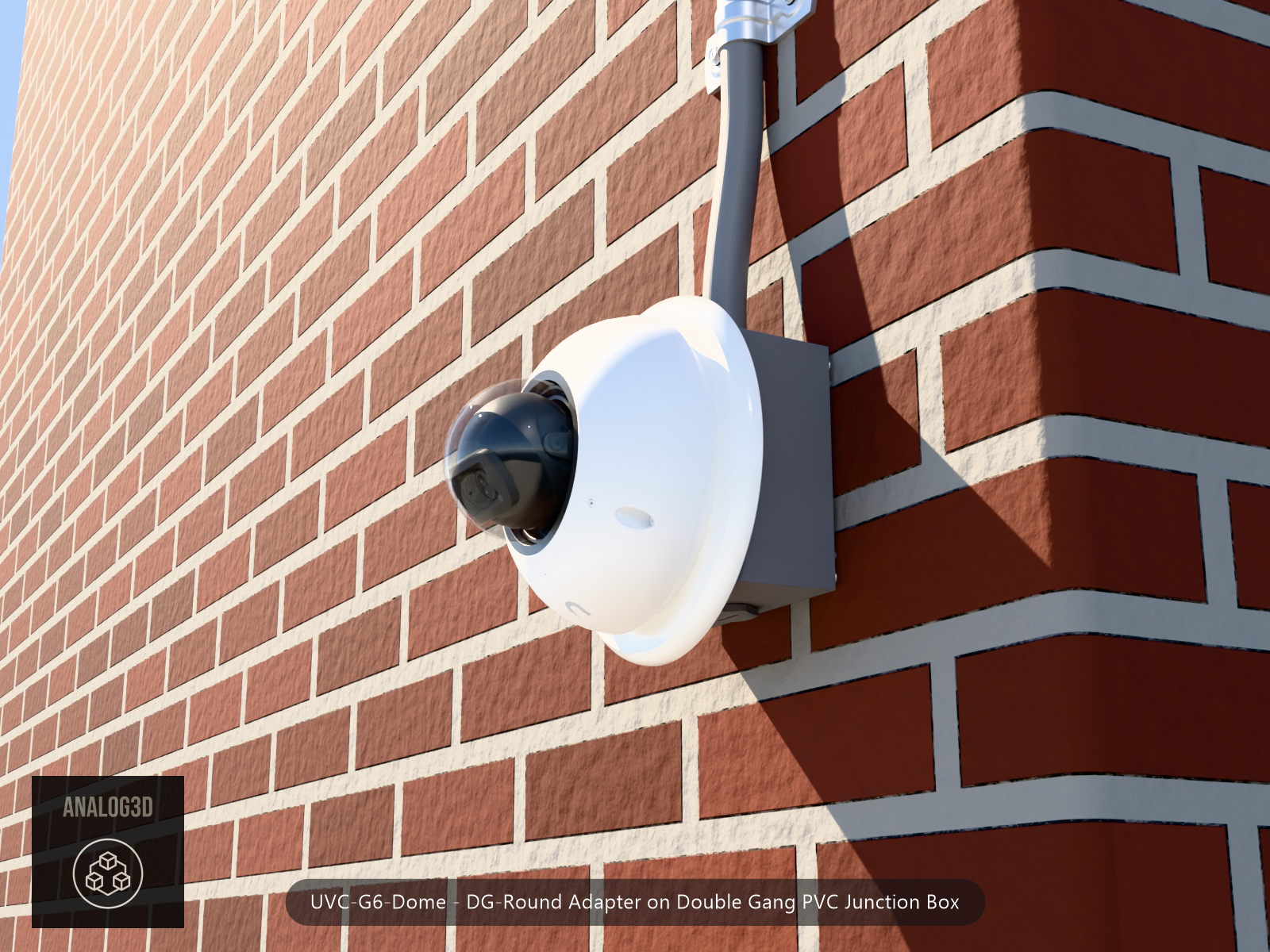 UVC-G6-Dome DG-Round adapter plate bolted to a double gang PVC junction box, 1/2 inch PVC conduit from the top hub, threaded plug in the bottom hub, brick wall