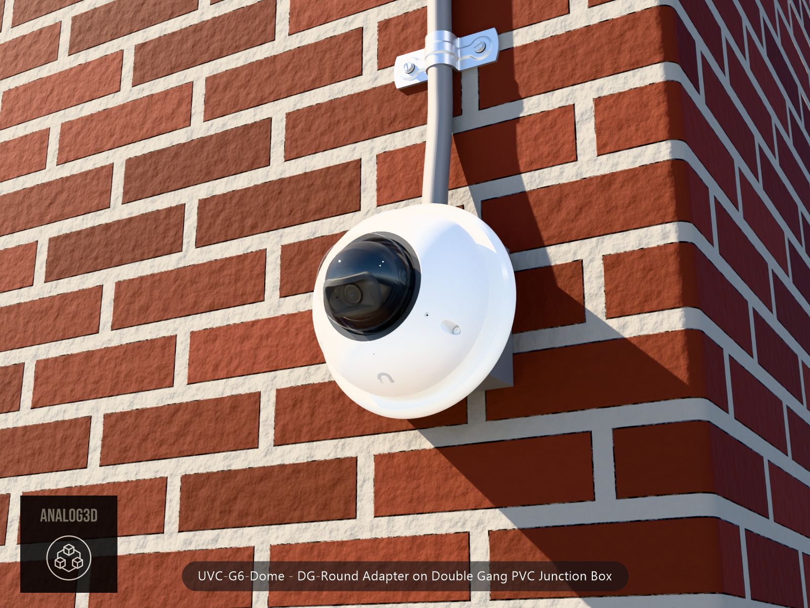 UVC-G6-Dome DG-Round adapter plate bolted to a double gang PVC junction box, 1/2 inch PVC conduit from the top hub, threaded plug in the bottom hub, brick wall