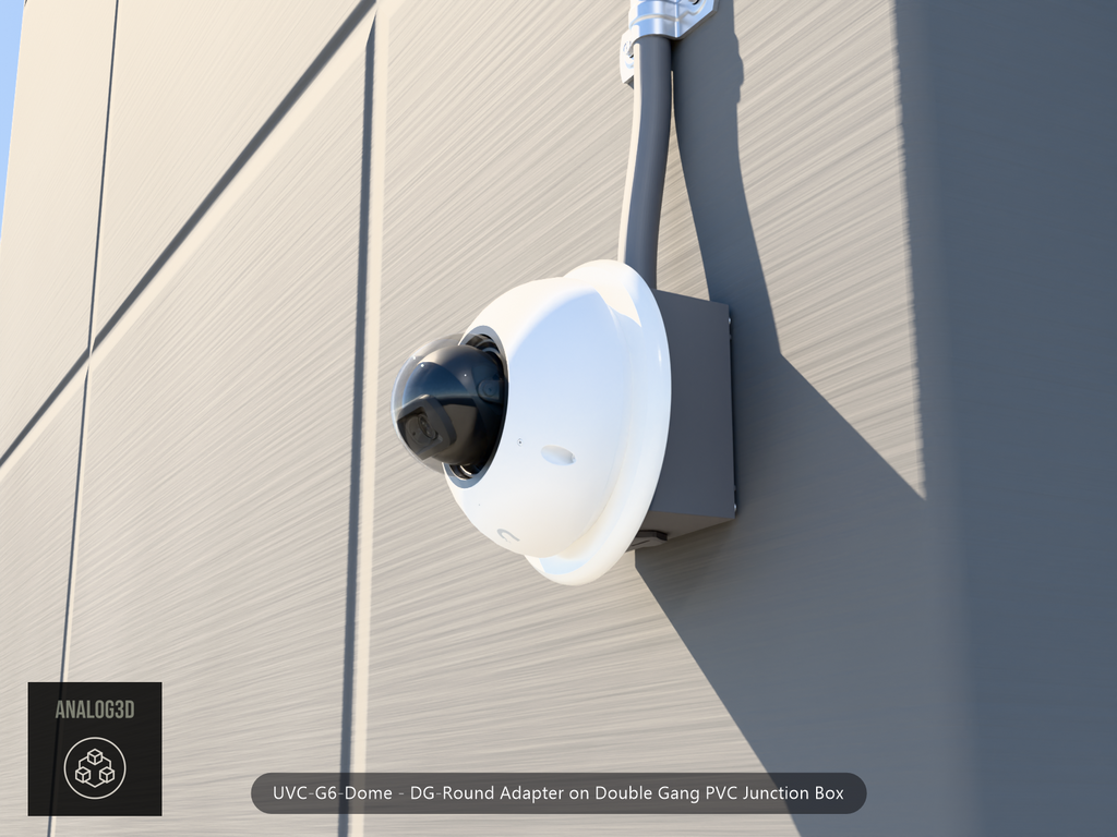 UVC-G6-Dome DG-Round adapter plate bolted to a double gang PVC junction box, 1/2 inch PVC conduit from the top hub, threaded plug in the bottom hub, concrete wall
