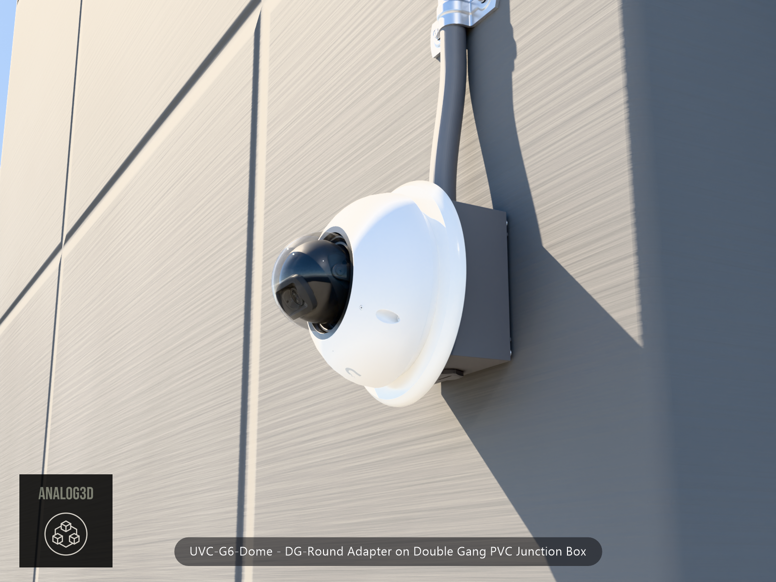 UVC-G6-Dome DG-Round adapter plate bolted to a double gang PVC junction box, 1/2 inch PVC conduit from the top hub, threaded plug in the bottom hub, concrete wall