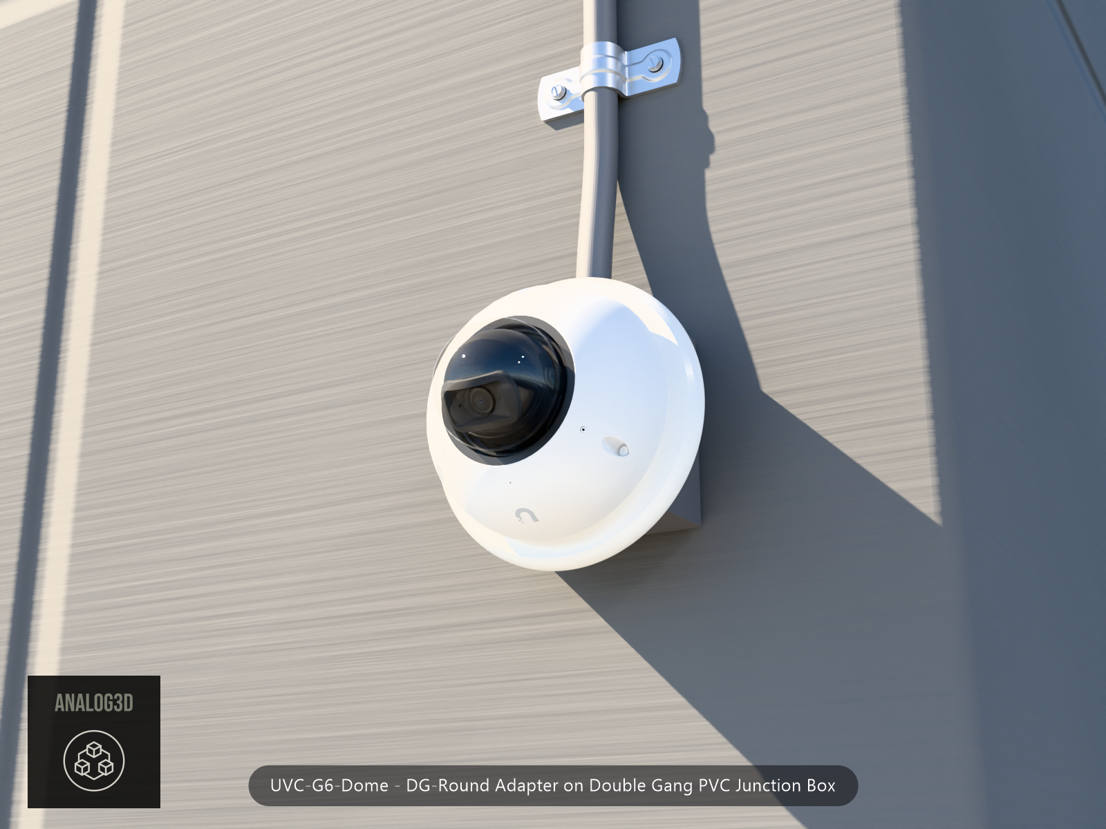 UVC-G6-Dome DG-Round adapter plate bolted to a double gang PVC junction box, 1/2 inch PVC conduit from the top hub, threaded plug in the bottom hub, concrete wall