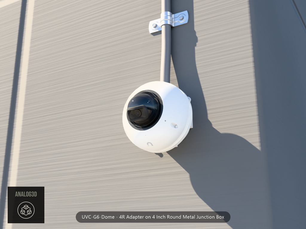 UVC-G6-Dome 4R adapter plate bolted to a 4 inch round metal junction box, 1/2 inch PVC conduit from the top hub, threaded plugs in the remaining hubs, concrete wall