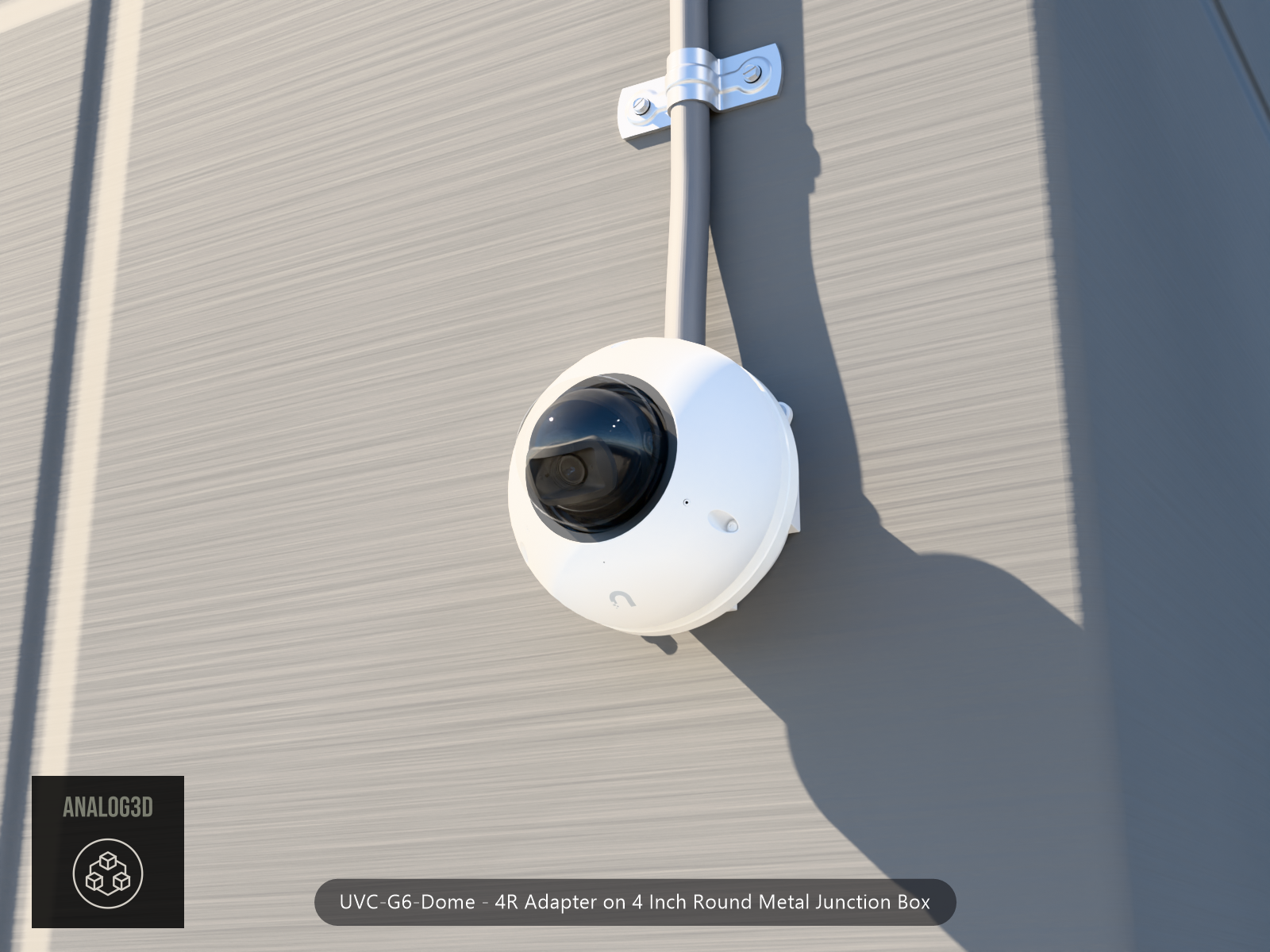 UVC-G6-Dome 4R adapter plate bolted to a 4 inch round metal junction box, 1/2 inch PVC conduit from the top hub, threaded plugs in the remaining hubs, concrete wall