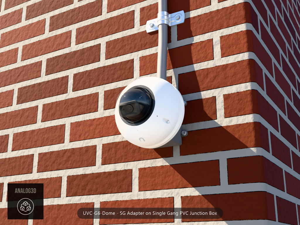 UVC-G6-Dome SG adapter plate bolted to a single gang PVC junction box with 1/2 inch PVC conduit, brick wall