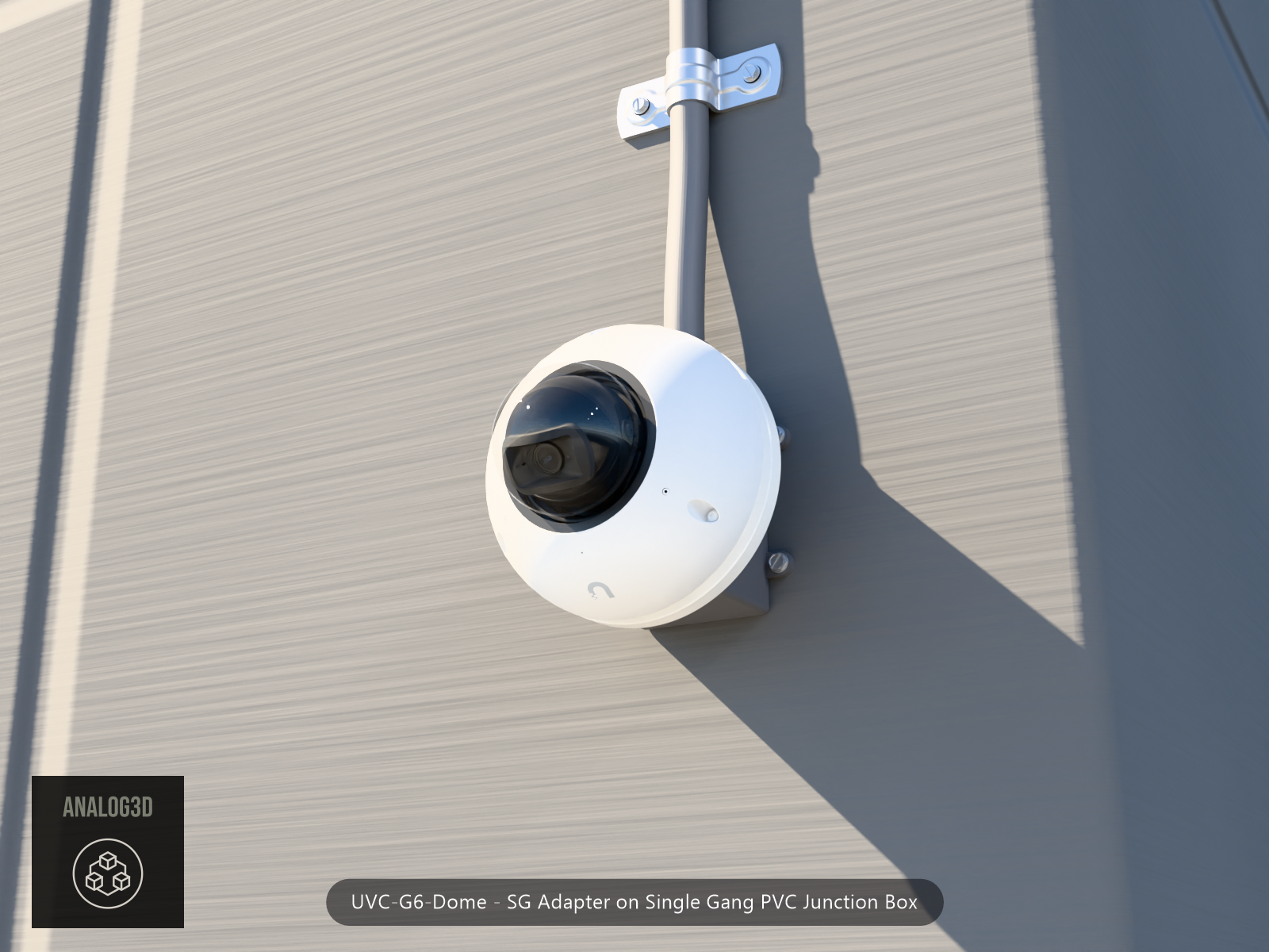 UVC-G6-Dome SG adapter plate bolted to a single gang PVC junction box, concrete wall