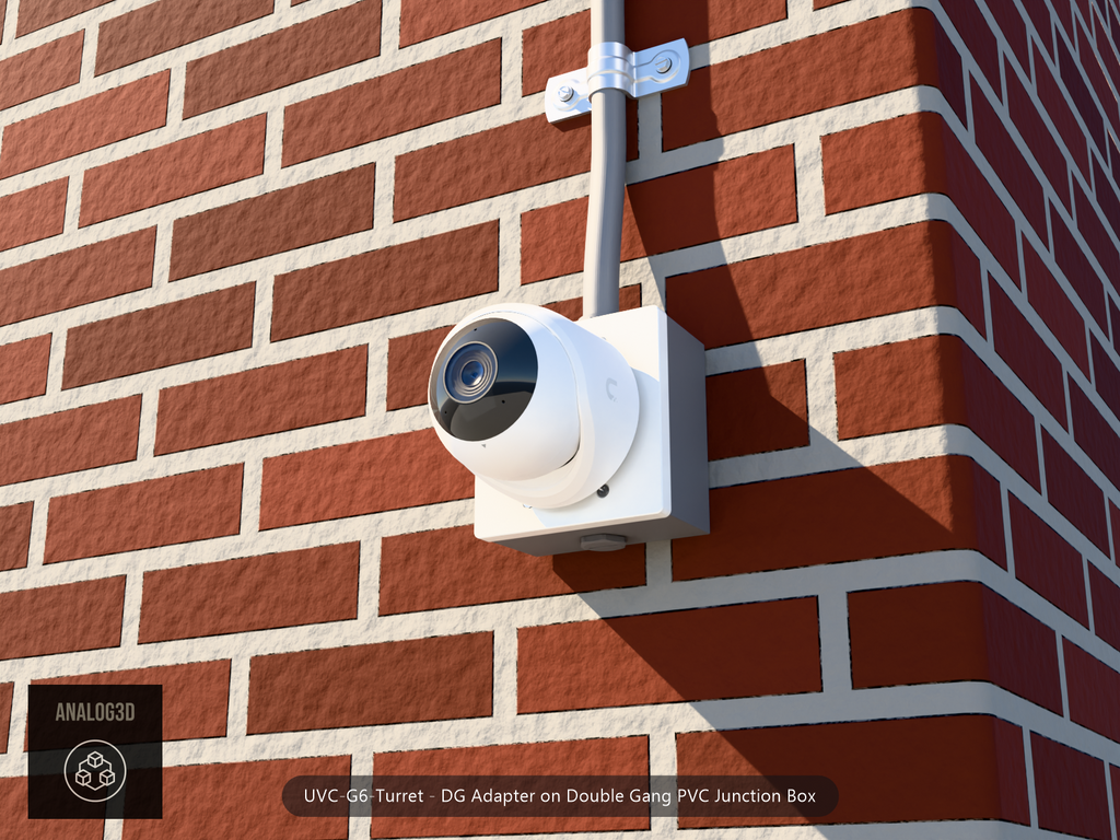 UVC-G6-Turret DG adapter plate bolted to a double gang PVC junction box, 1/2 inch PVC conduit from the top hub, threaded plug in the bottom hub, brick wall