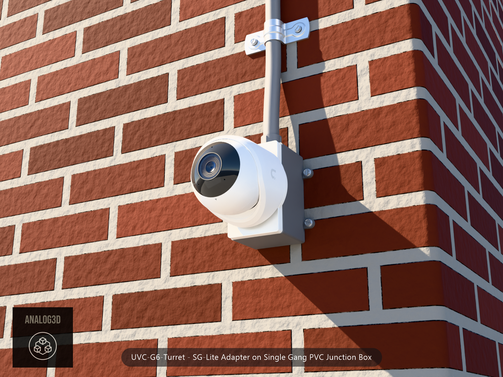 UVC-G6-Turret SG-Lite adapter plate bolted to a single gang PVC junction box with 1/2 inch PVC conduit, brick wall