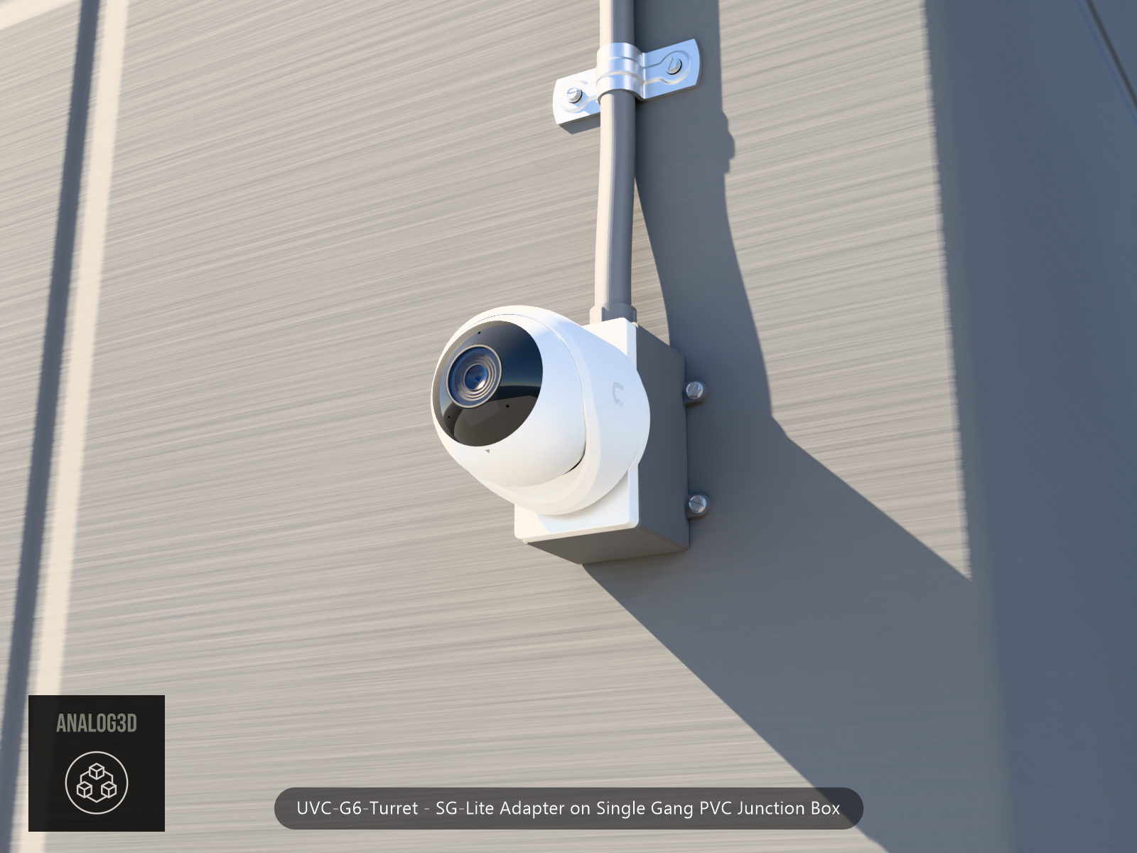 UVC-G6-Turret SG-Lite adapter plate bolted to a single gang PVC junction box, concrete wall