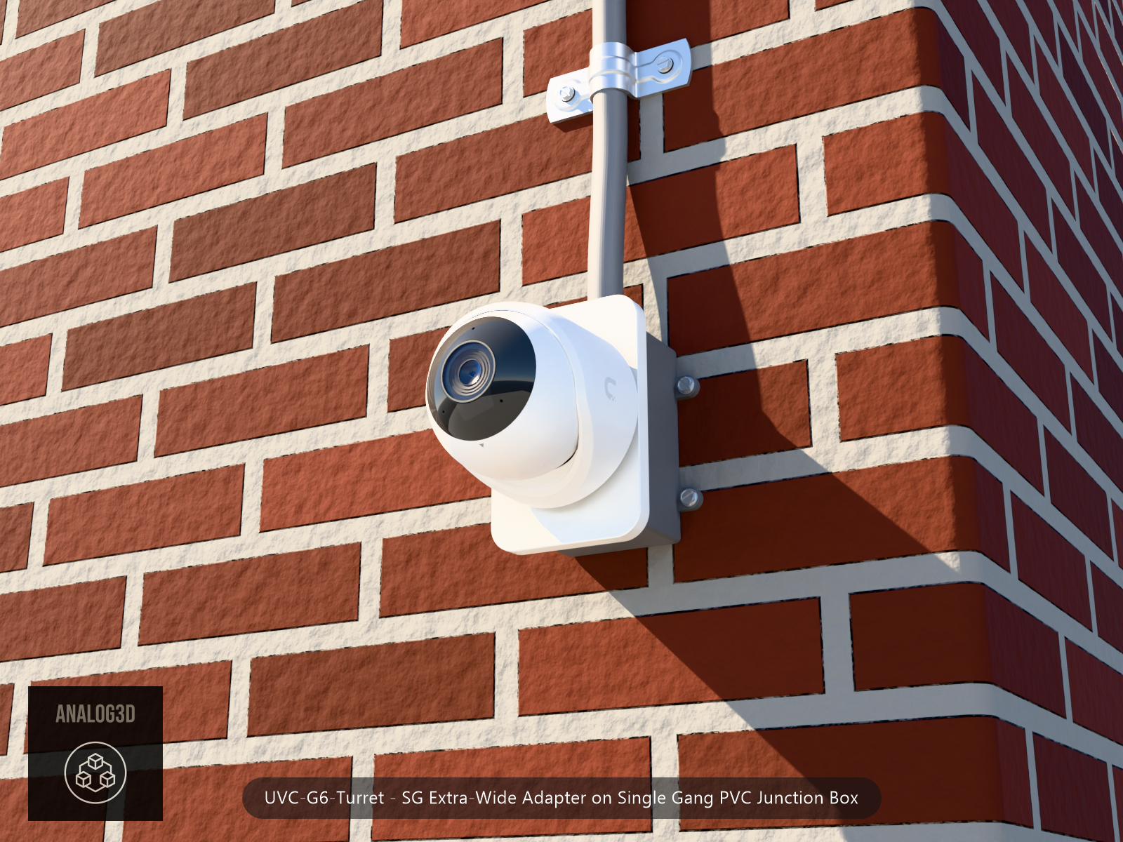 UVC-G6-Turret SG Extra-Wide adapter plate bolted to a single gang PVC junction box with 1/2 inch PVC conduit, brick wall