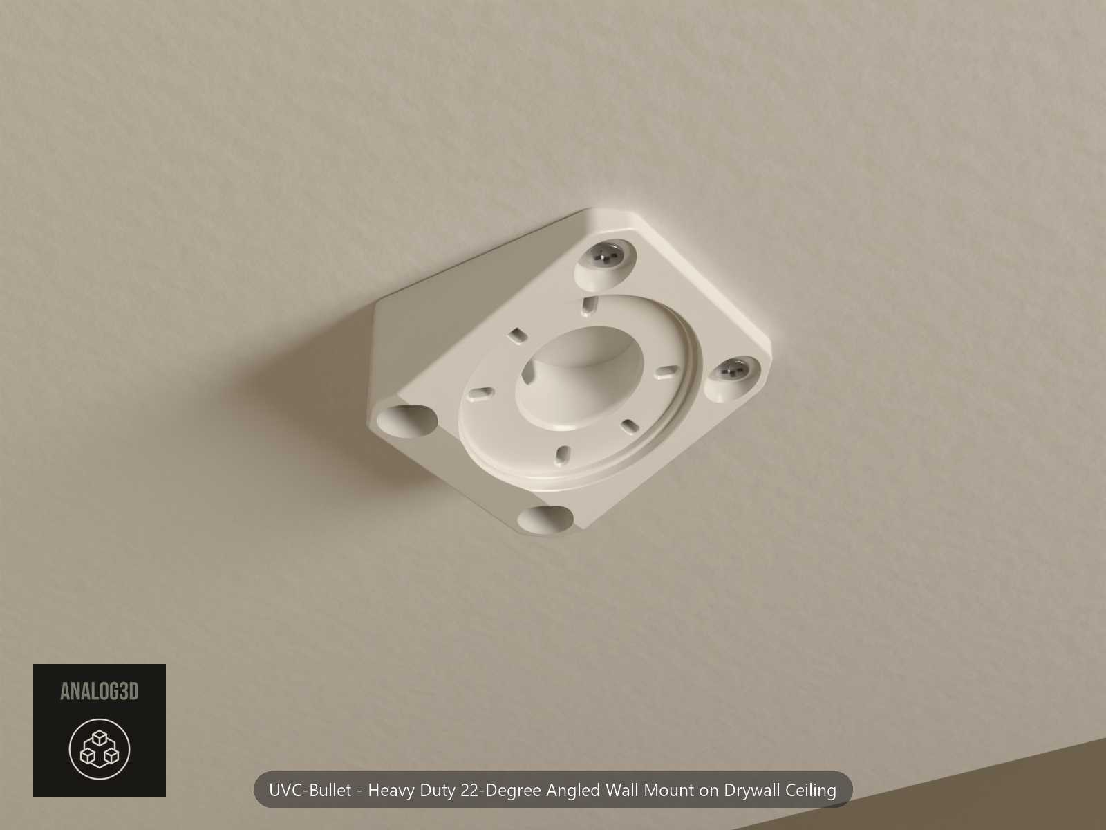 Heavy duty 22 degree angled bullet camera mount fastened to a drywall ceiling with drywall screws