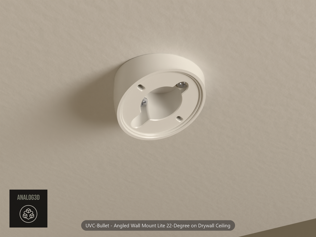 Angled wall mount lite for Ubiquiti bullet camera, 22 degree, fastened to a drywall ceiling with drywall screws