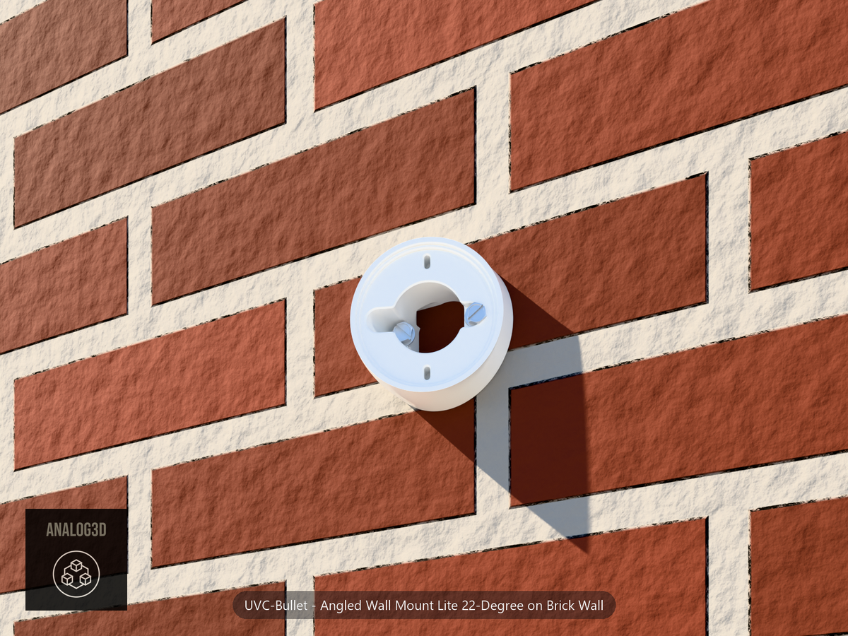 Angled wall mount lite for Ubiquiti bullet camera, 22 degree, with tapcon anchors on a brick wall
