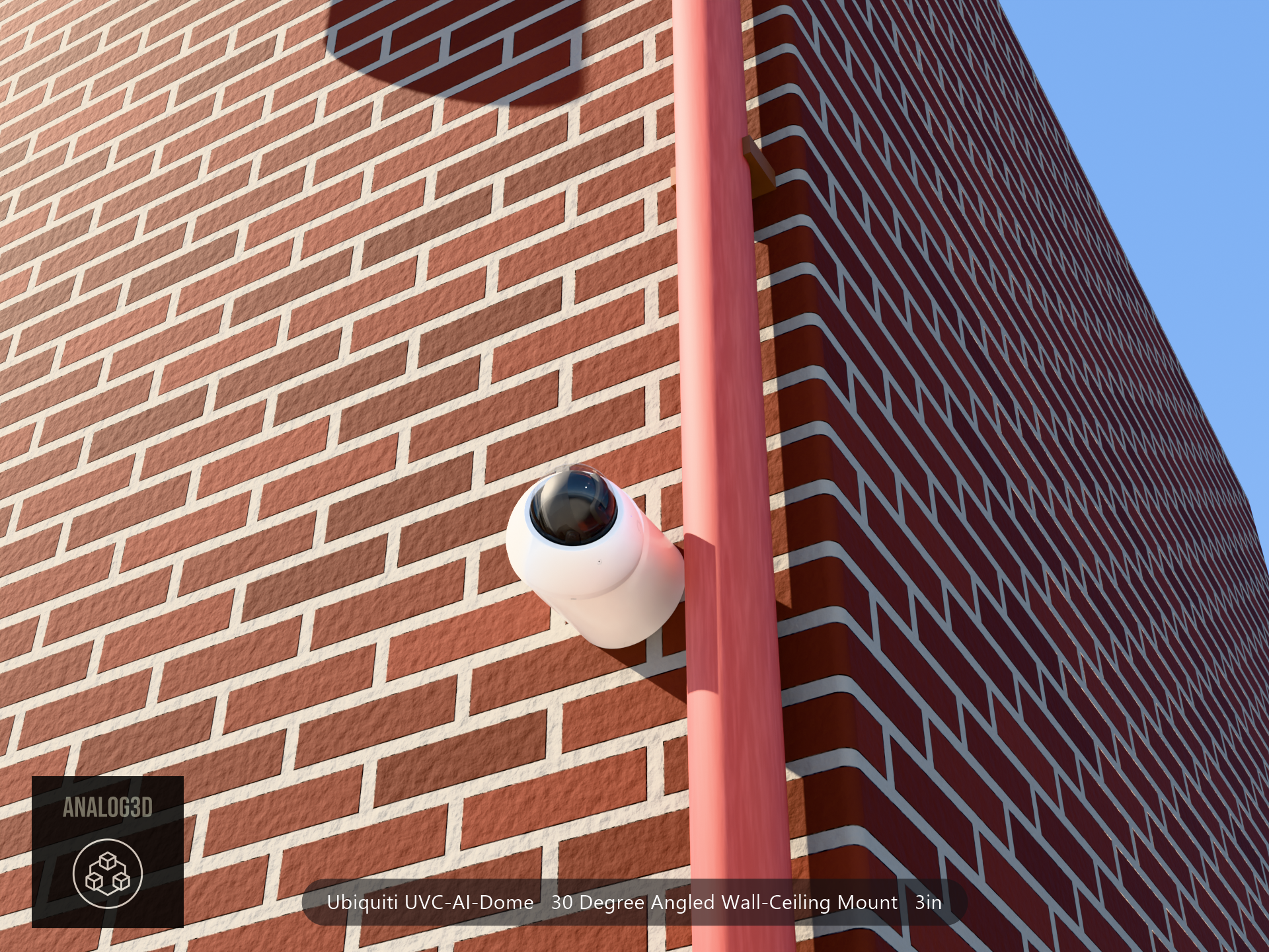UVC-AI-Dome 30 degree angled wall-ceiling mount (3in ext3) clearing a drain pipe on brick
