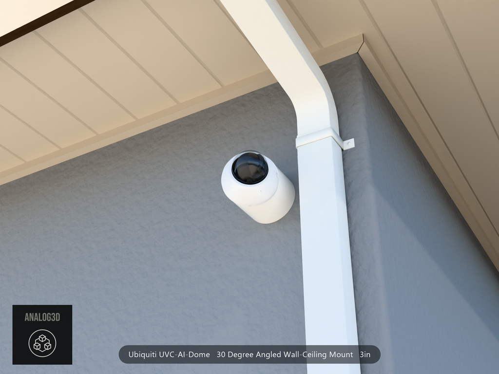 UVC-AI-Dome 30 degree angled wall-ceiling mount (3in ext3) clearing a swan-neck downspout on stucco
