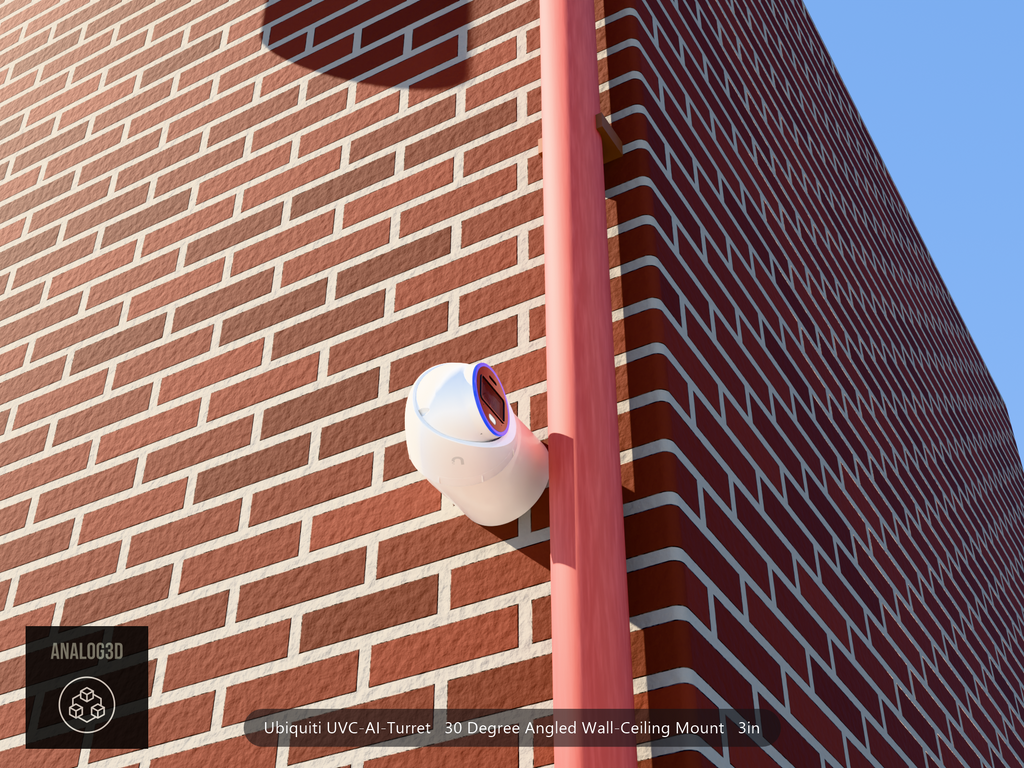 UVC-AI-Turret 30 degree angled wall-ceiling mount (3in ext3) clearing a drain pipe on brick